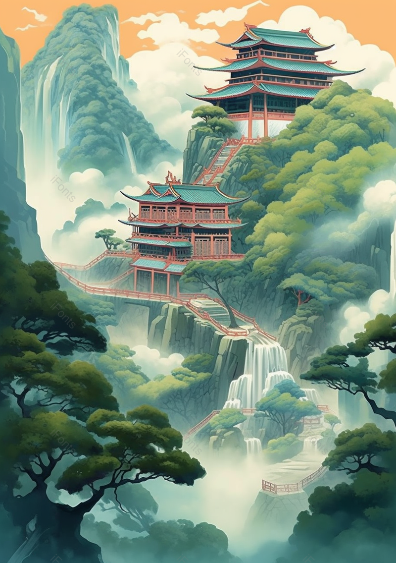 山顶泉水自然风景全景插画,插画/手绘图,插画/手绘图库,插画/手绘图下载,插画/手绘